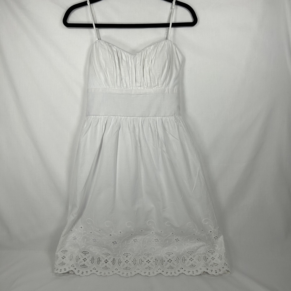 B. Smart White Eyelet Lace Hem Ruched Bust Sundress with Back Tie – Size 14
